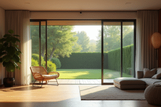 Salon moderne avec grande porte vitree et jardin vert