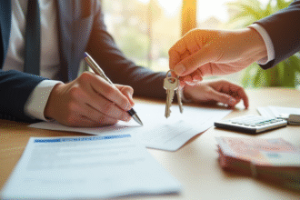 Personne signant un contrat de location avec clés et argent