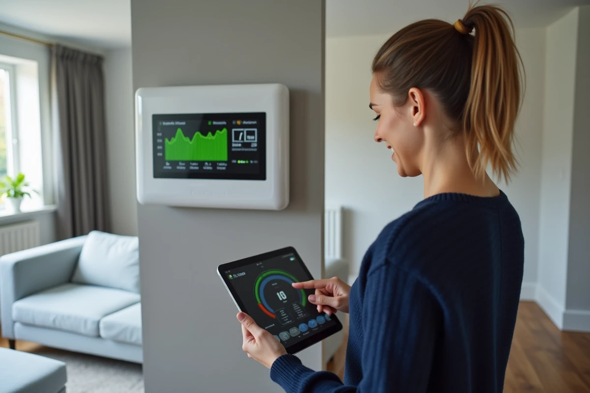 Une femme consulte une simulation d'économies d'énergie sur une tablette dans un salon moderne équipé d'un thermostat connecté