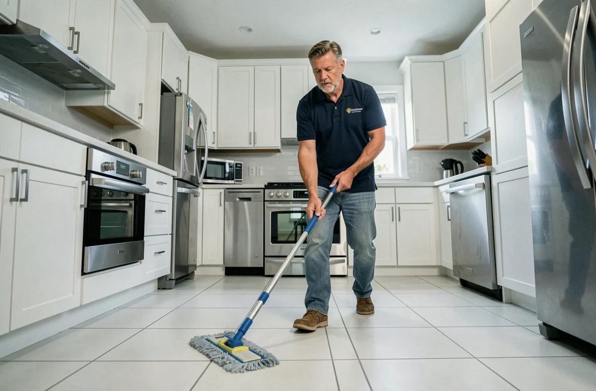 Agent de nettoyage masculin expérimenté en train de laver le sol d'une cuisine moderne propre