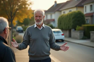 Voisin discutant calmement devant une maison avec une voiture garée sur le trottoir en zone résidentielle