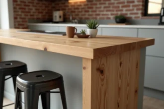 Table bar en bois massif chêne avec tabourets noirs dans une cuisine moderne au style industriel