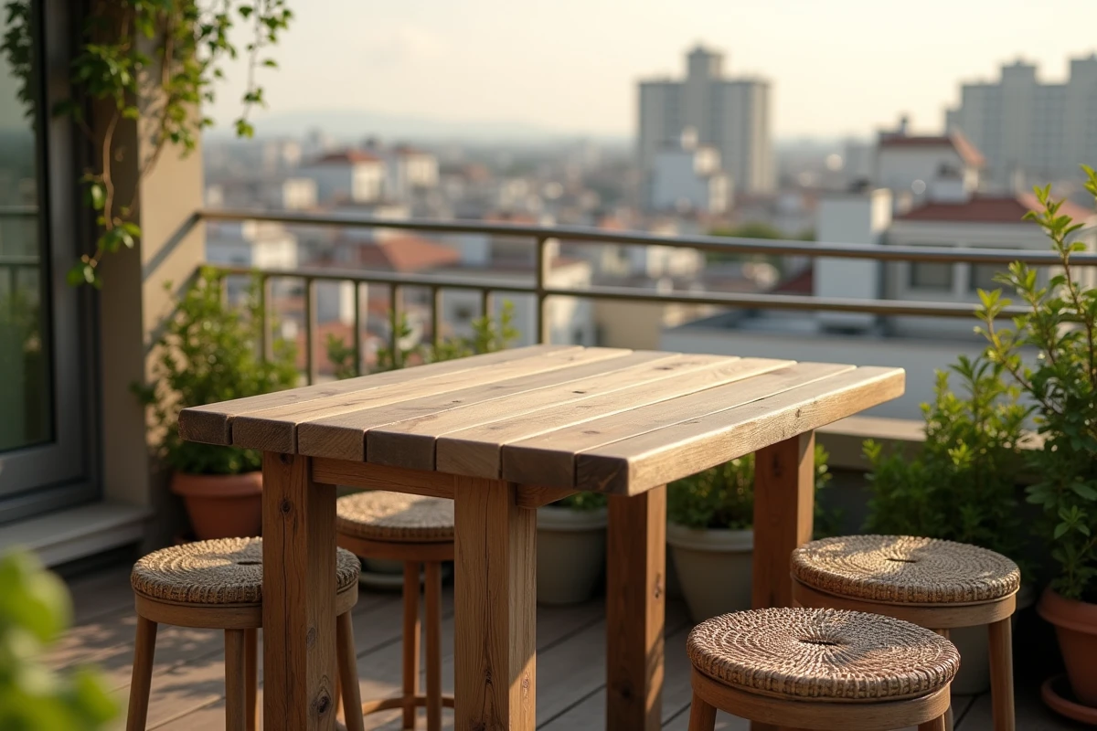 Table bar en bois de teck patiné sur terrasse d'appartement avec tabourets rotin et plantes aromatiques