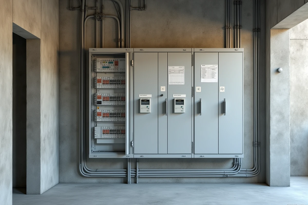 Vue d'ensemble d'un tableau électrique neuf avec disjoncteurs différentiels dans un appartement en construction