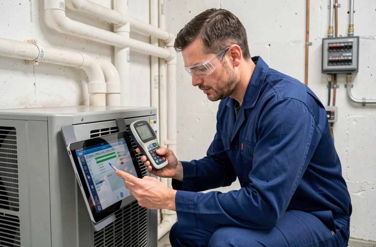 Technicien mesurant la consommation électrique d'une pompe à chaleur avec un compteur numérique dans une chaufferie