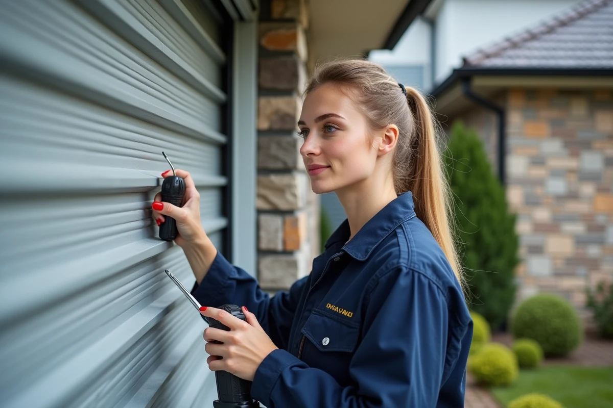 Technicienne en overalls bleus répare un volet roulant extérieur