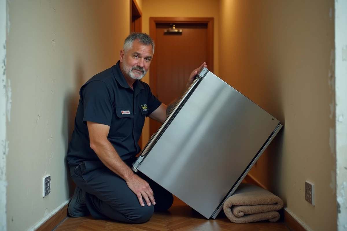 Technicien évaluant un réfrigérateur en inox renversé dans un couloir d'appartement après une livraison