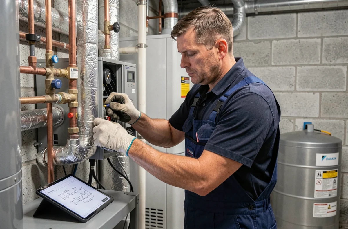 Technicien inspectant l'unité intérieure d'une pompe à chaleur Daikin air-eau dans une chaufferie