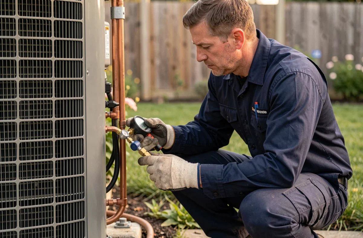 Technicien HVAC installant une pompe à chaleur réversible dans un jardin résidentiel
