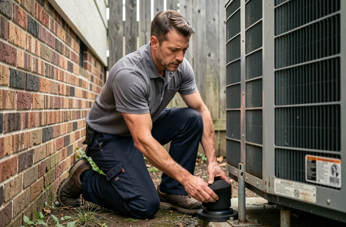Technicien posant un support anti-vibration sous une pompe à chaleur lors d'une installation professionnelle