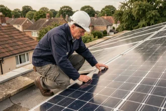 Technicien inspectant des panneaux solaires hybrides sur un toit résidentiel