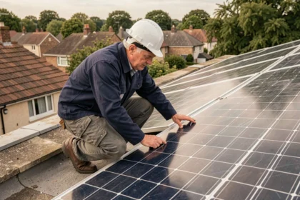 Technicien inspectant des panneaux solaires hybrides sur un toit résidentiel