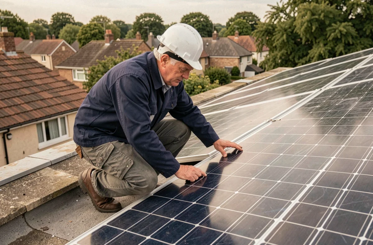 Technicien inspectant des panneaux solaires hybrides sur un toit résidentiel