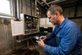 Technicien inspectant un panneau de contrôle de pompe dans un sous-sol