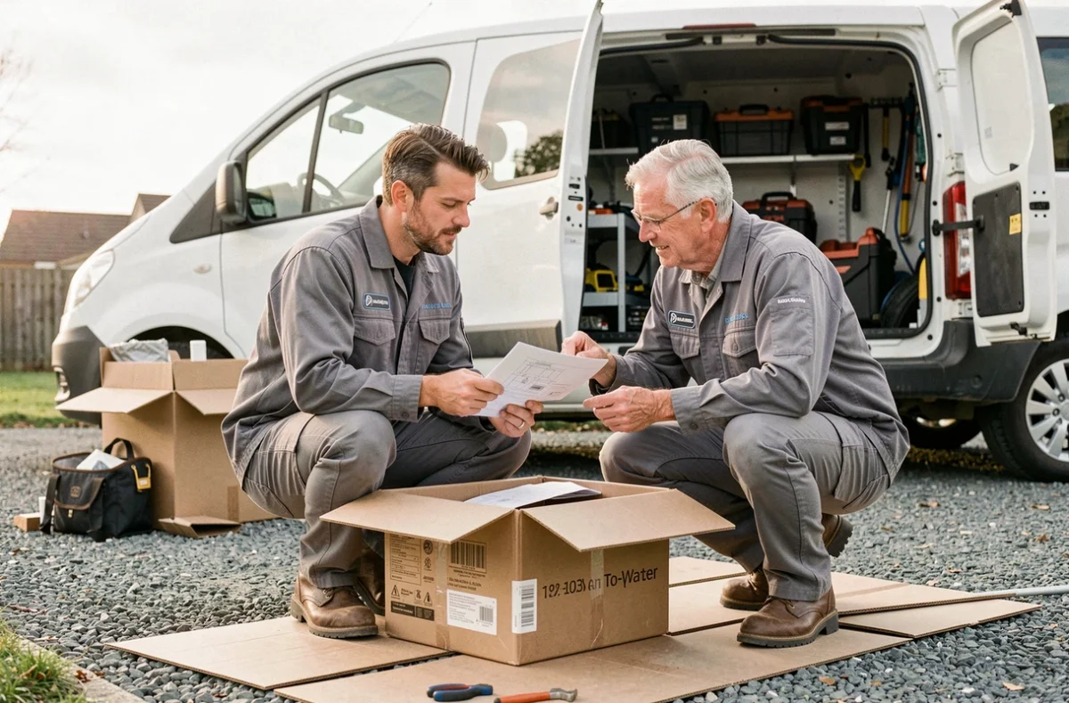 Deux techniciens consultant un manuel d'installation pour une pompe à chaleur air-eau prête à poser sur un chantier