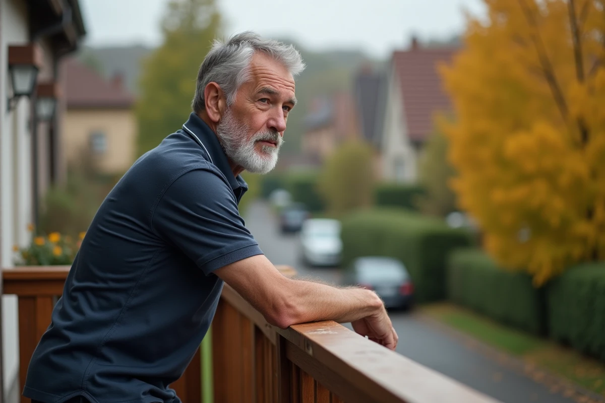 Homme senior appuyé sur la rambarde d'un balcon en composite Terrasto vieilli, contemplant le quartier depuis l'étage, retour d'expérience long terme