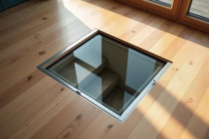 Trappe en verre encastrée dans un plancher en chêne poli donnant accès à une cave, avec cadre en acier inoxydable brossé et poignées affleurantes