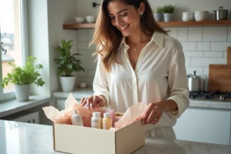 Femme déballant une box cadeau parisienne avec des produits de qualité sur un comptoir en marbre dans un appartement moderne