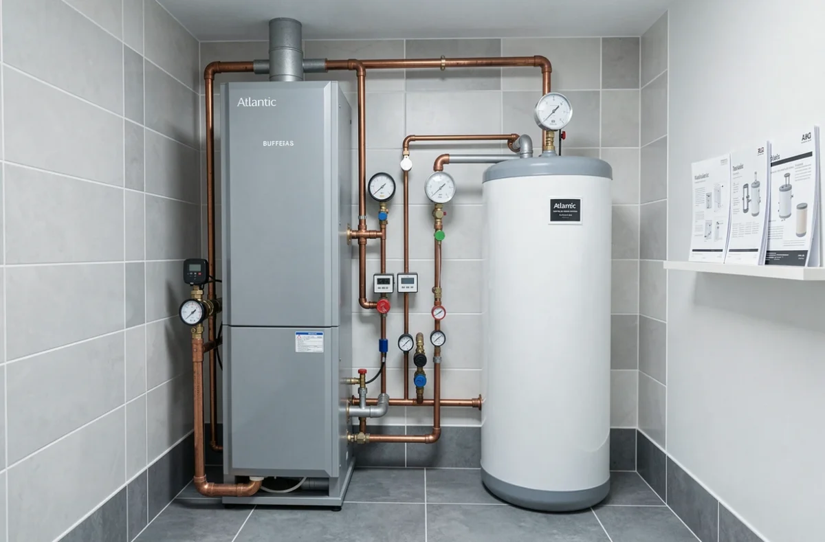 Unité intérieure de pompe à chaleur Atlantic 14 kW installée dans une chaufferie résidentielle moderne
