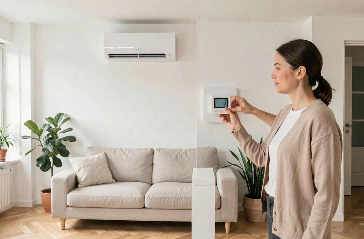 Unité intérieure de pompe à chaleur réversible dans un salon décoré en style scandinave avec thermostat mural