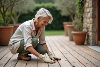 Femme d'une quarantaine d'années inspectant une terrasse en composite Terrasto après plusieurs années d'utilisation, entourée de plantes méditerranéennes