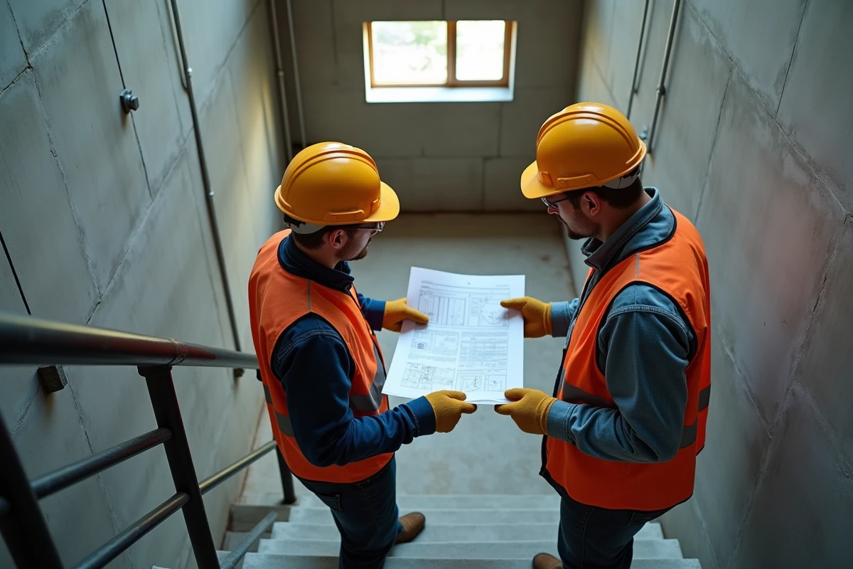 Deux techniciens vérifiant l'installation de scellements chimiques sur une rambarde en fer forgé le long d'un escalier en béton intérieur