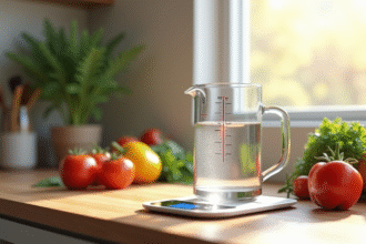 Verre mesureur avec eau sur plan de travail en bois