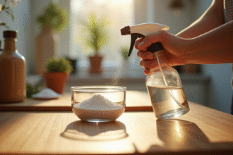 Mains versant vinaigre et sel dans un spray pour cuisine