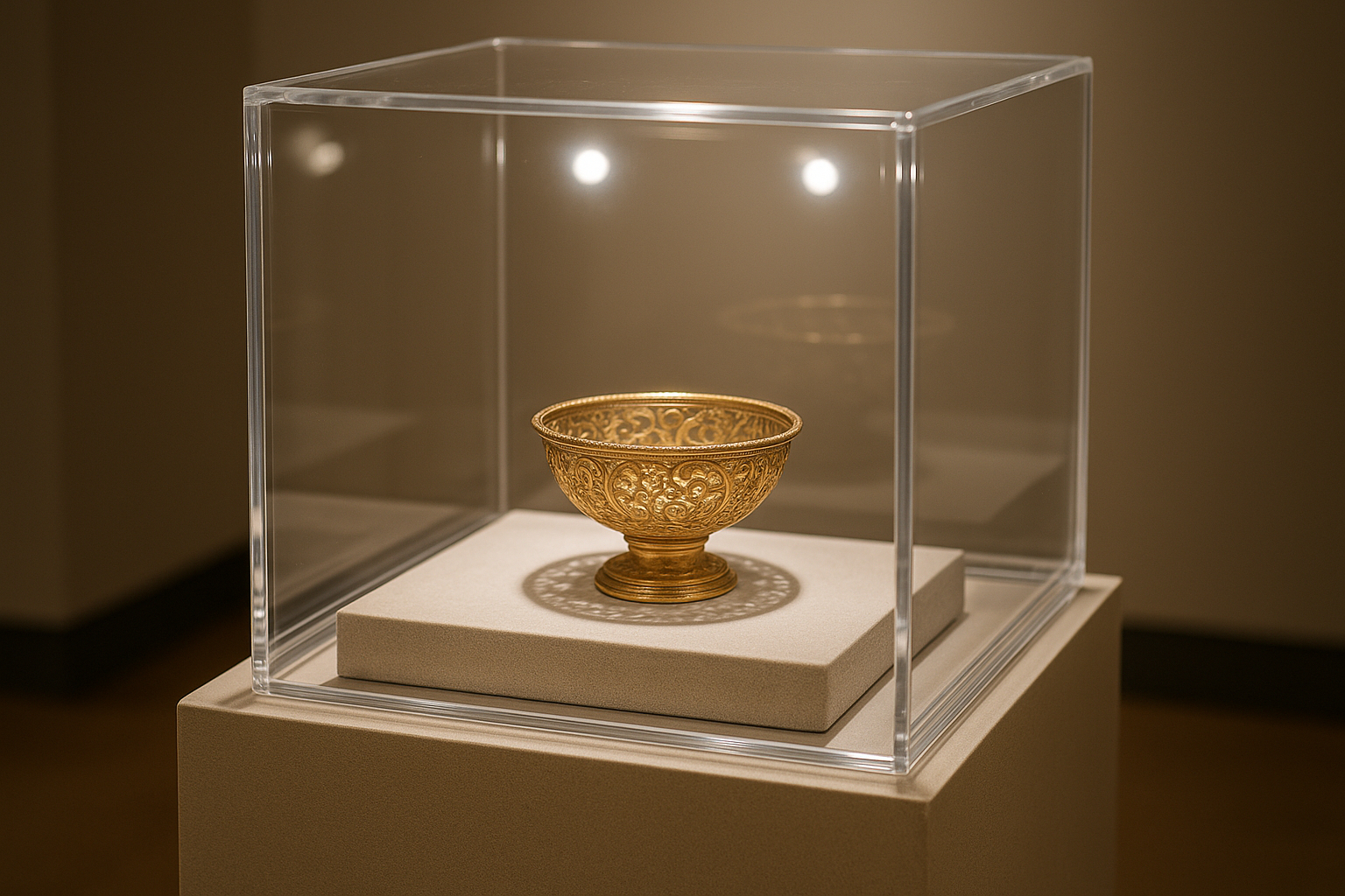 Vitrine en plexiglas exposant un artefact ancien sous lumière