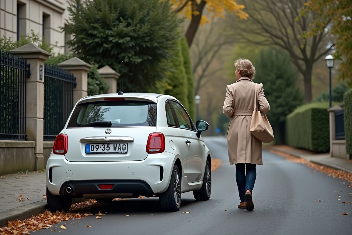 Femme contournant une voiture garée illégalement sur le trottoir devant une maison résidentielle française