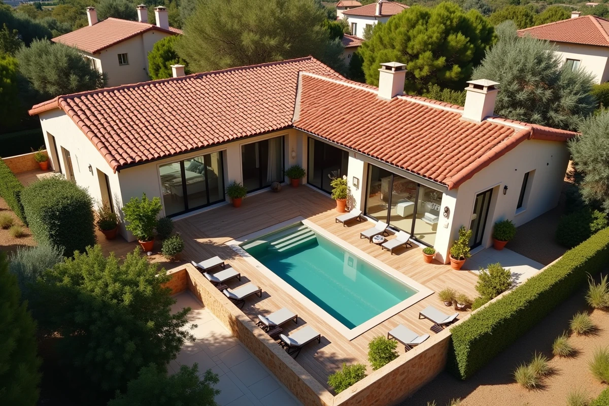 Vue aérienne d'une maison de plain pied en U avec cour intérieure et terrasse en bois