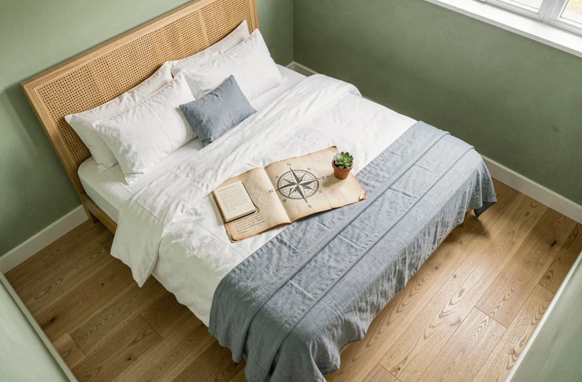 Vue plongeante d'une chambre lumineuse avec un lit orienté selon le Feng Shui, accompagné d'une boussole et d'un carnet de notes sur le lit
