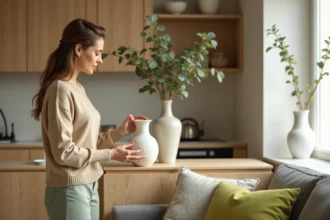 Femme élégante dans un salon moderne avec vase en céramique